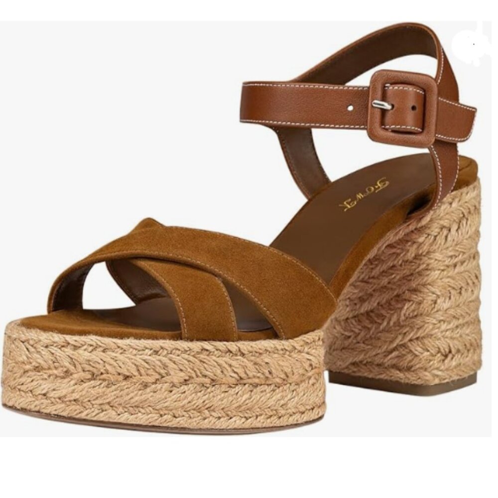 FOWT Brown Platform Round Toe Ankle Strap Espadrilla Chunky High Heels Sandals